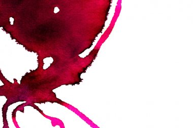 Beyaz arka plan üzerinde Soyut doku fırça mürekkep arka plan pembe aquarell suluboya sıçrama boya. Soyut mor mürekkep tasarımı. Modern suluboya elemanı. Duygusal sanat, ıslak teknik.  