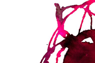 Beyaz arka plan üzerinde Soyut doku fırça mürekkep arka plan pembe aquarell suluboya sıçrama boya. Soyut mor mürekkep tasarımı. Modern suluboya elemanı. Duygusal sanat, ıslak teknik.  