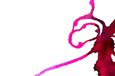 Beyaz arka plan üzerinde Soyut doku fırça mürekkep arka plan pembe aquarell suluboya sıçrama boya. Soyut mor mürekkep tasarımı. Modern suluboya elemanı. Duygusal sanat, ıslak teknik.  