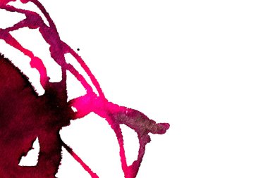 Beyaz arka plan üzerinde Soyut doku fırça mürekkep arka plan pembe aquarell suluboya sıçrama boya. Soyut mor mürekkep tasarımı. Modern suluboya elemanı. Duygusal sanat, ıslak teknik.  
