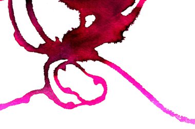 Beyaz arka plan üzerinde Soyut doku fırça mürekkep arka plan pembe aquarell suluboya sıçrama boya. Soyut mor mürekkep tasarımı. Modern suluboya elemanı. Duygusal sanat, ıslak teknik.  
