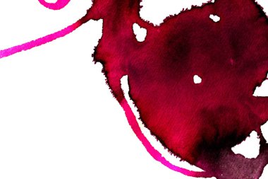 Beyaz arka plan üzerinde Soyut doku fırça mürekkep arka plan pembe aquarell suluboya sıçrama boya. Soyut mor mürekkep tasarımı. Modern suluboya elemanı. Duygusal sanat, ıslak teknik.  