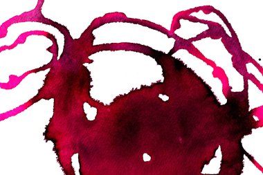 Beyaz arka plan üzerinde Soyut doku fırça mürekkep arka plan pembe aquarell suluboya sıçrama boya. Soyut mor mürekkep tasarımı. Modern suluboya elemanı. Duygusal sanat, ıslak teknik.  