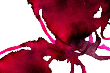 Beyaz arka plan üzerinde Soyut doku fırça mürekkep arka plan pembe aquarell suluboya sıçrama boya. Soyut mor mürekkep tasarımı. Modern suluboya elemanı. Duygusal sanat, ıslak teknik.  