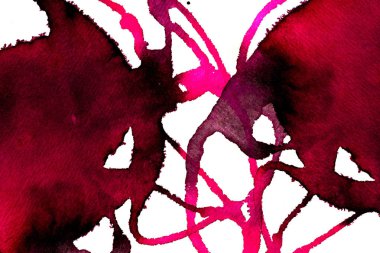 Beyaz arka plan üzerinde Soyut doku fırça mürekkep arka plan pembe aquarell suluboya sıçrama boya. Soyut mor mürekkep tasarımı. Modern suluboya elemanı. Duygusal sanat, ıslak teknik.  