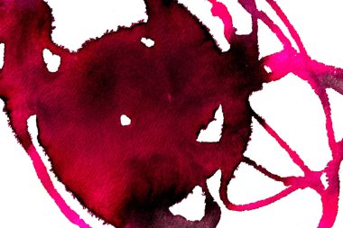 Beyaz arka plan üzerinde Soyut doku fırça mürekkep arka plan pembe aquarell suluboya sıçrama boya. Soyut mor mürekkep tasarımı. Modern suluboya elemanı. Duygusal sanat, ıslak teknik.  