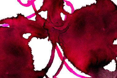 Beyaz arka plan üzerinde Soyut doku fırça mürekkep arka plan pembe aquarell suluboya sıçrama boya. Soyut mor mürekkep tasarımı. Modern suluboya elemanı. Duygusal sanat, ıslak teknik.  