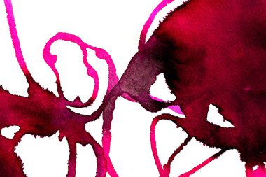 Beyaz arka plan üzerinde Soyut doku fırça mürekkep arka plan pembe aquarell suluboya sıçrama boya. Soyut mor mürekkep tasarımı. Modern suluboya elemanı. Duygusal sanat, ıslak teknik.  