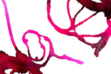 Beyaz arka plan üzerinde Soyut doku fırça mürekkep arka plan pembe aquarell suluboya sıçrama boya. Soyut mor mürekkep tasarımı. Modern suluboya elemanı. Duygusal sanat, ıslak teknik.  