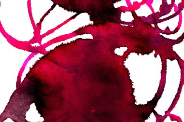 Beyaz arka plan üzerinde Soyut doku fırça mürekkep arka plan pembe aquarell suluboya sıçrama boya. Soyut mor mürekkep tasarımı. Modern suluboya elemanı. Duygusal sanat, ıslak teknik.  