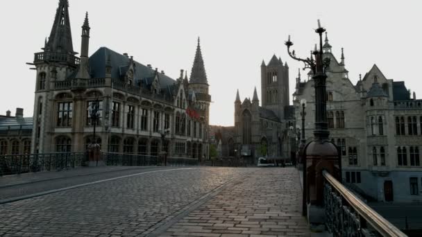 Statyczne Widoku Ghent Stare Miasto Kościoły Michael Bridge Jako Tramwajem — Wideo stockowe