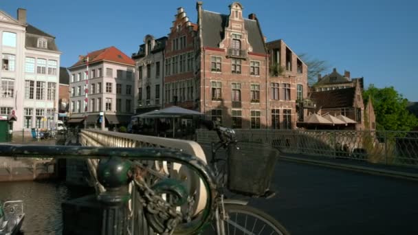 Camera Slides Railings Show Cyclists Crossing Grasbrug Bridge Ghent Early — Stock Video