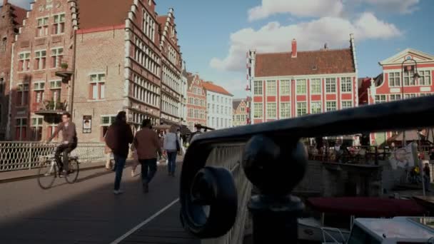Camera Slides Railings Show Cyclists Pedestrians Crossing Grasbrug Bridge Ghent — Stock Video