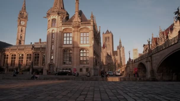 Câmera Sobe Estilo Jib Sobre Leie Canal Graslei Ghent Bélgica — Vídeo de Stock