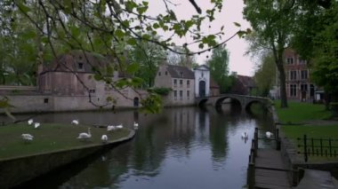 Katelijnestraat kanal ve Brugge Belçika manastırda dansa statik klip. Kanal kıyısında kuğular vardır 