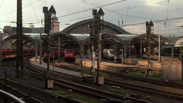Güney Cephe Almanya Köln Istasyonu Platformları Iki Tren Olarak Statik — Stok video