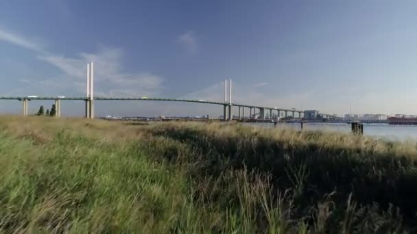 Drone Moves Low Forwards Grass River Bank Queen Elizabeth Bridge — Stock Video