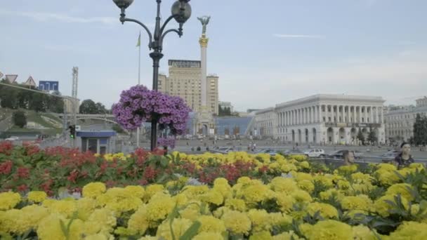 Seitlich Über Das Blumenbeet Auf Dem Unabhängigkeitsplatz Kiew Mit Unabhängigkeitsdenkmal — Stockvideo