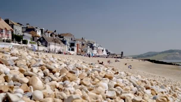 Niskiego Poziomu Slajdów Strzał Nad Kamyczki Sandy Beach Lyme Regis — Wideo stockowe