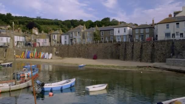 Pan Pretty Harbour Mousehole Cornwall Colorful Fishing Boats Moored — Stock Video