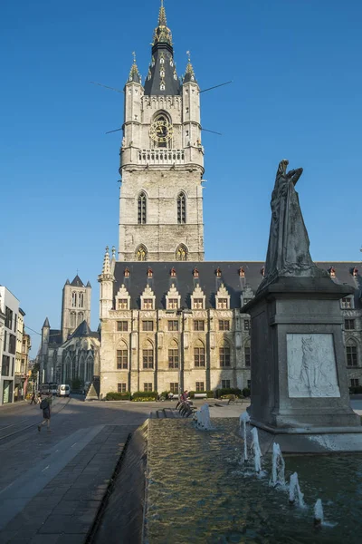 Uma Vista Belfry Seção Medeival Ghent Bélgica Com Estátua Jan — Fotografia de Stock