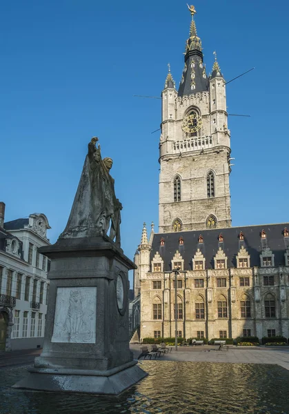 Uma Vista Belfry Seção Medeival Ghent Bélgica Com Estátua Jan — Fotografia de Stock