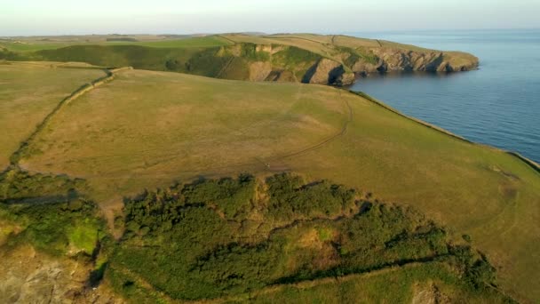 Une Caméra Drone Survole Magnifiques Promontoires Falaises Près Port Isaac — Video