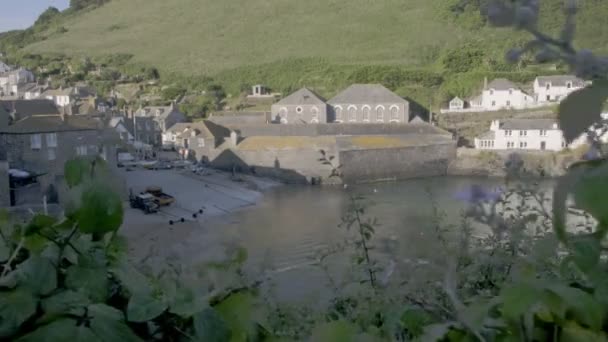 Camera Slides Flowers Slipway Harbour Port Isaac Cornwall Taken Summer — Stock Video