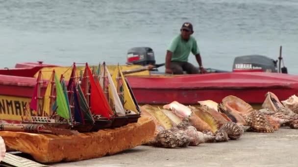 Modell Båtar Och Snäckskal Till Salu Strand Porvenir San Blas — Stockvideo