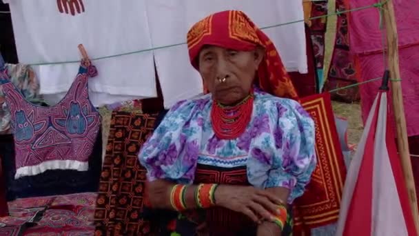 Idosos Mulher Nativa Costura Colorido Indígena Guna Molas Para Venda — Vídeo de Stock