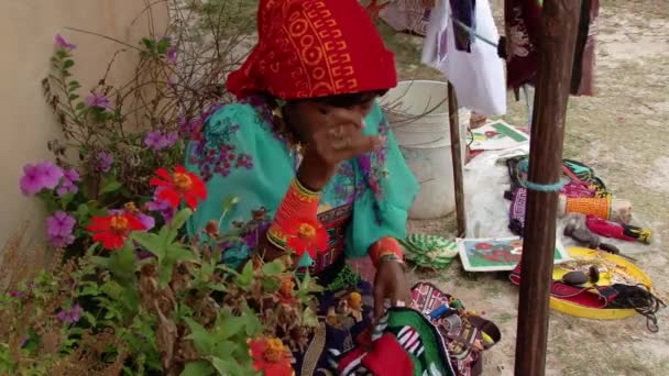 ネイティブ女性縫製販売のカラフルな先住民族グナ マンボウ パナマのサンブラス諸島でエル ポルニベルに風に吹かれて — ストック動画