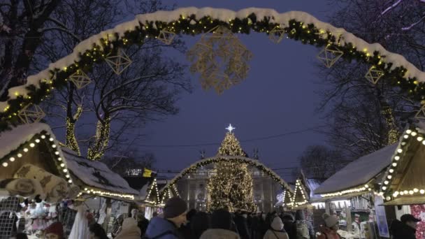 雪覆盖拱门和利沃夫圣诞市场 利沃夫歌剧院和圣诞树在背景中 在一个下雪的夜晚被带走 — 图库视频影像