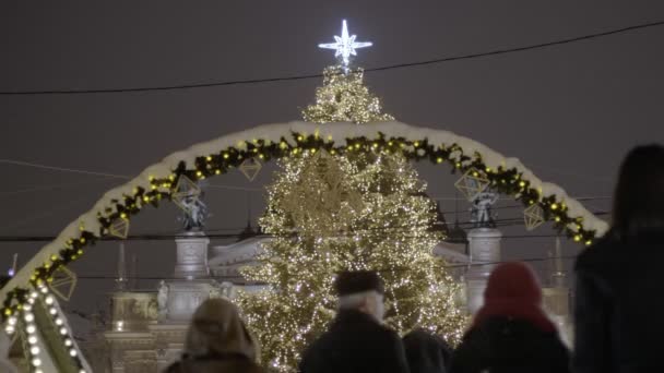 Longo Tiro Estático Lviv Árvore Natal Mercado Como Pessoas Passam — Vídeo de Stock