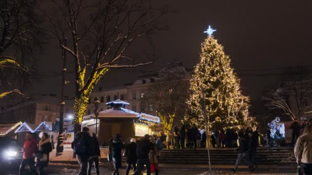 Éjszaka Lövés Gyönyörű Lviv Karácsonyfa Piaci Hozott Egy Havas Tél — Stock videók