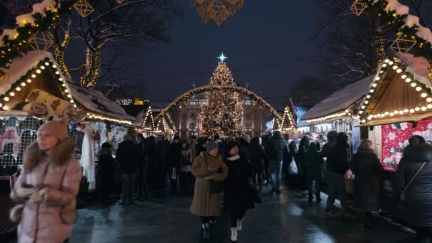 Amplo Clipe Hora Azul Mercado Natal Lviv Lviv Opera House — Vídeo de Stock
