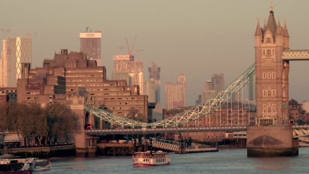 Vapor Paddle Turístico Río Támesis Atardecer Puente Torre Canary Wharf — Vídeos de Stock