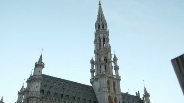 Grand Place'de çiçeklerle Brüksel Belediye Binası'nın ön cephesinden aşağı yasla. Meydanda birkaç kişi ile şafakta çekilen