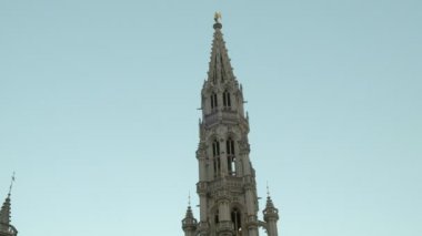 Grand Place'de çiçeklerle Brüksel Belediye Binası'nın ön cephesinden aşağı yasla. Bir bahar sabahı şafakta çekilen