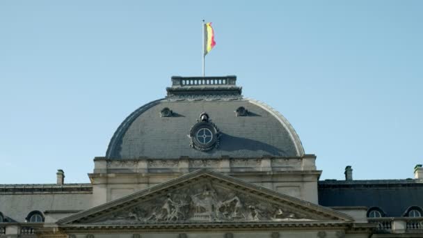 Близкий Снимок Бельгийского Флага Над Королевским Дворцом Брюсселе — стоковое видео