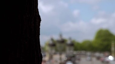Paris/Fransa - 3 Mayıs 2019: Paris'teki Place de la Concorde'daki trafiği ortaya çıkarmak için kamera slaytları. Arka planda Eyfel Kulesi