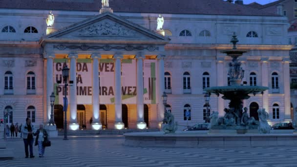 Longa Imagem Fonte Fachada Teatro Nacional Dona Maria Lisboa Portugal — Vídeo de Stock