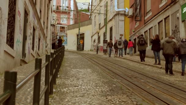 Lizbona Portugalia Maja 2019 Szeroki Klip Gloria Funicular Zejście Jak — Wideo stockowe
