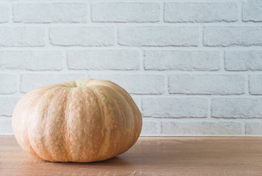 Tahta masada olgun balkabağı ve beyaz tuğla arka plan. Şükran Günü, Sonbahar, Cadılar Bayramı konsepti