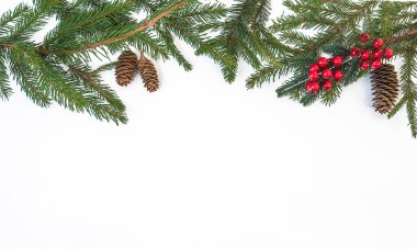 Noel tatili için yeşil kart. Kozalaklı ve dutlu köknar dalları çerçevesi