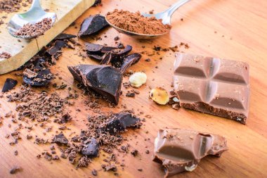 Rendelenmiş çikolata sopa, parçalar halinde kesilmiş, parçalanmış, kakao tozu geçerli.