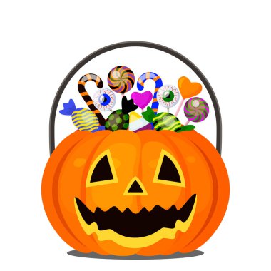 Çocuklar için Halloween kabak tam şeker. düz vektör illüstrasyon izole beyaz bir arka plan üzerinde