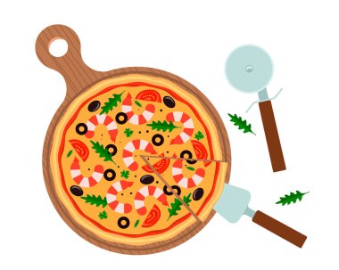 Yuvarlak bir bıçak ve spatula ile ahşap bir gemide deniz ürünleri Karides İtalyan pizza. Beyaz arka plan üzerinde izole düz vektör çizim. Pizzacı için poster