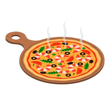 Deniz ürünleri-Karides bir ahşap tahta üzerinde yuvarlak İtalyan sıcak pizza. Beyaz arka plan üzerinde izole düz vektör çizim. Pizzacı için poster
