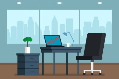 Büyük bir pencere ve şehir panoraması ile geniş bir parlak ofisi iç. Düz vektör çizim. Patron office