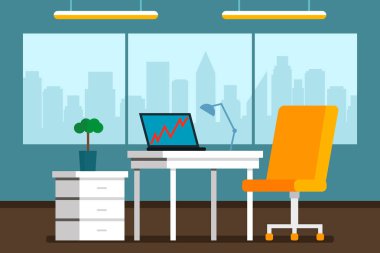 Büyük bir pencere ve şehir panoraması ile geniş bir parlak ofisi iç. Düz vektör çizim. Patron office